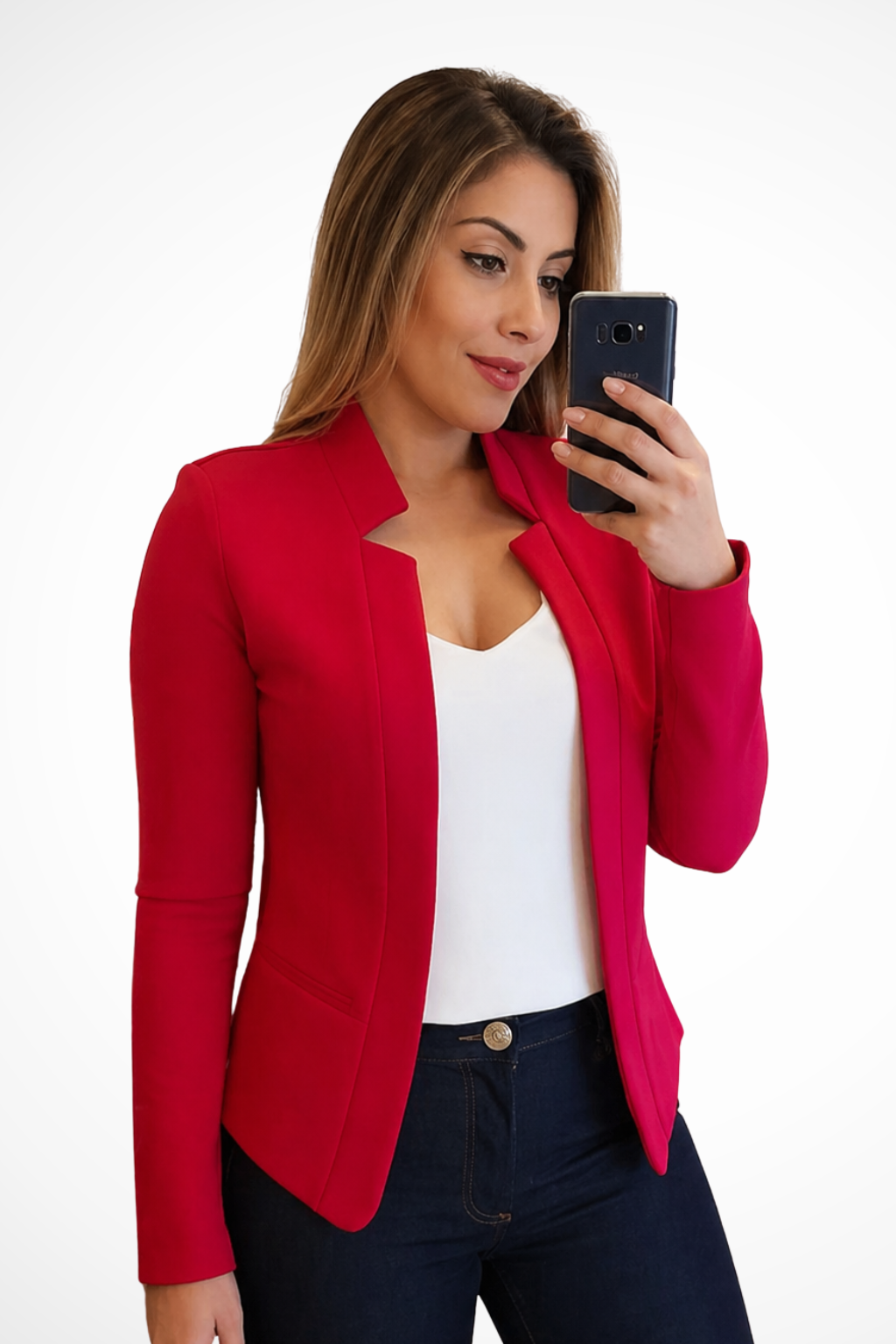 Elegant women's fitted open front blazer, long sleeve, collarless, lightweight, perfect for summer office wear.