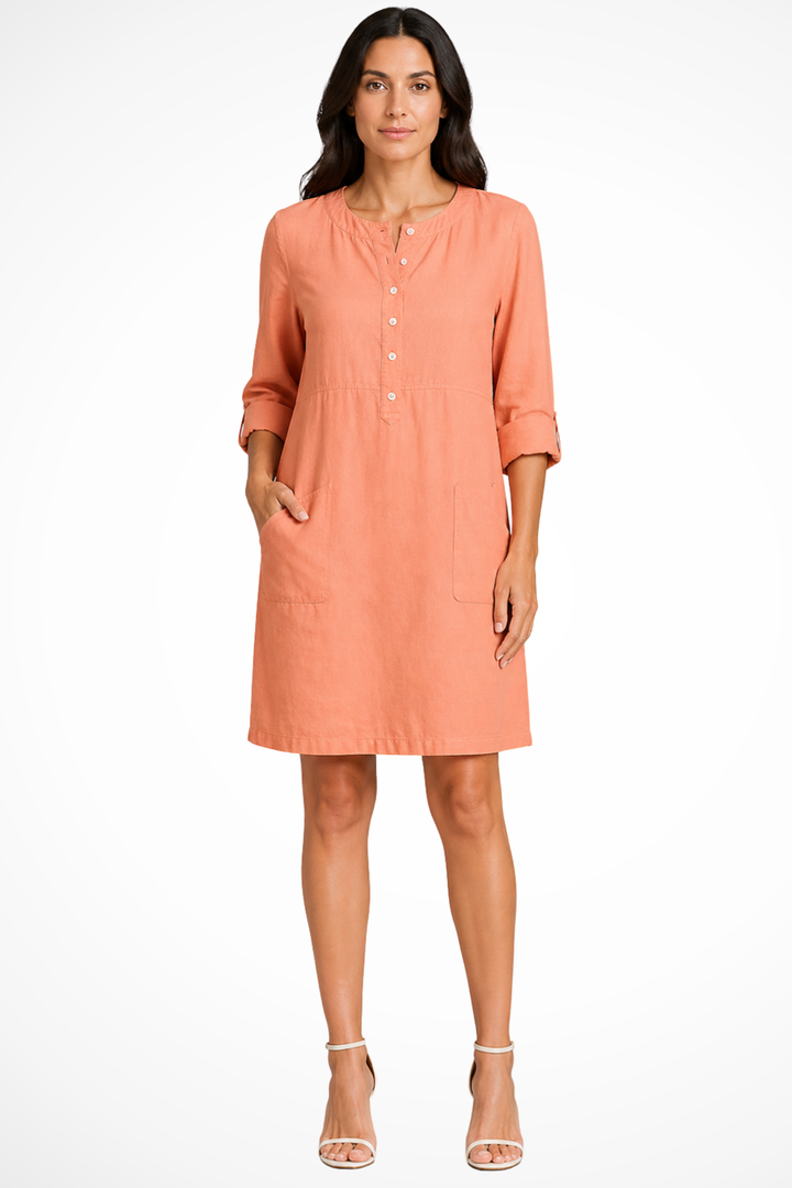 Everyday women's long sleeve shirt dress. Functional front pockets add convenience to this casual chic style.