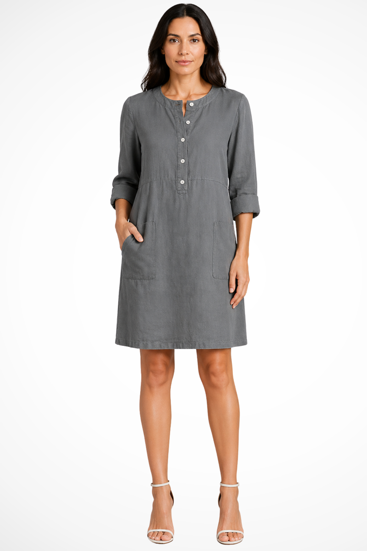 Comfortable women's long sleeve shirt dress, elegant yet casual. Front pockets add function for spring/fall.