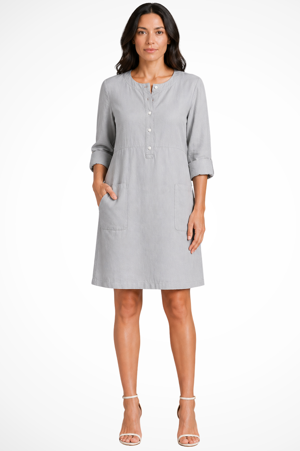 Women's long sleeve shirt dress. Chic cut & essential front pockets create a perfect casual or elegant look.