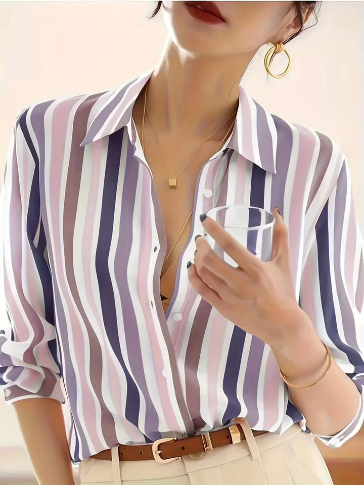 Women's long sleeve striped button-up shirt for versatile everyday fashion & office wear, offering comfort & style.