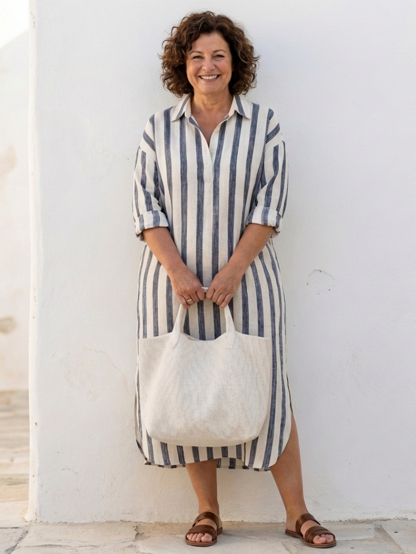 Relaxed fit long sleeve striped midi shirt dress for women. Button front, casual and elegant, perfect for travel.