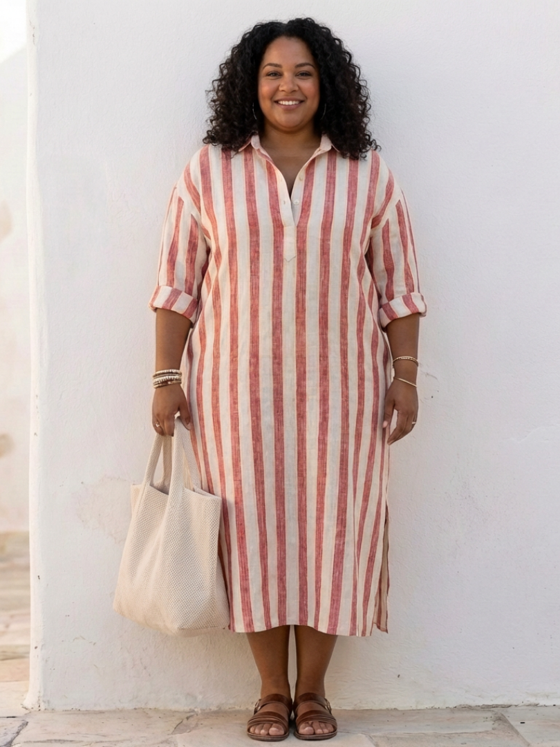 Side view of a women's long sleeve striped midi shirt dress, showing relaxed fit and elegant casual style.