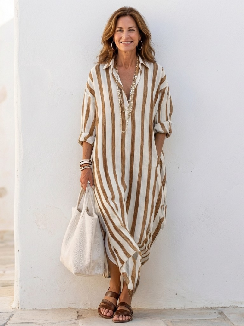 Close-up: Women's striped midi shirt dress fabric with button front detail. Elegant, long sleeve, casual style.