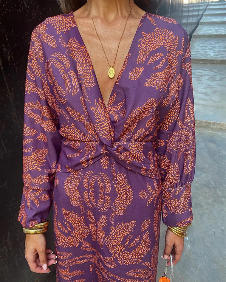Elegant women's long sleeve V-neck maxi dress with tie-waist belt, perfect for wedding guests & parties.
