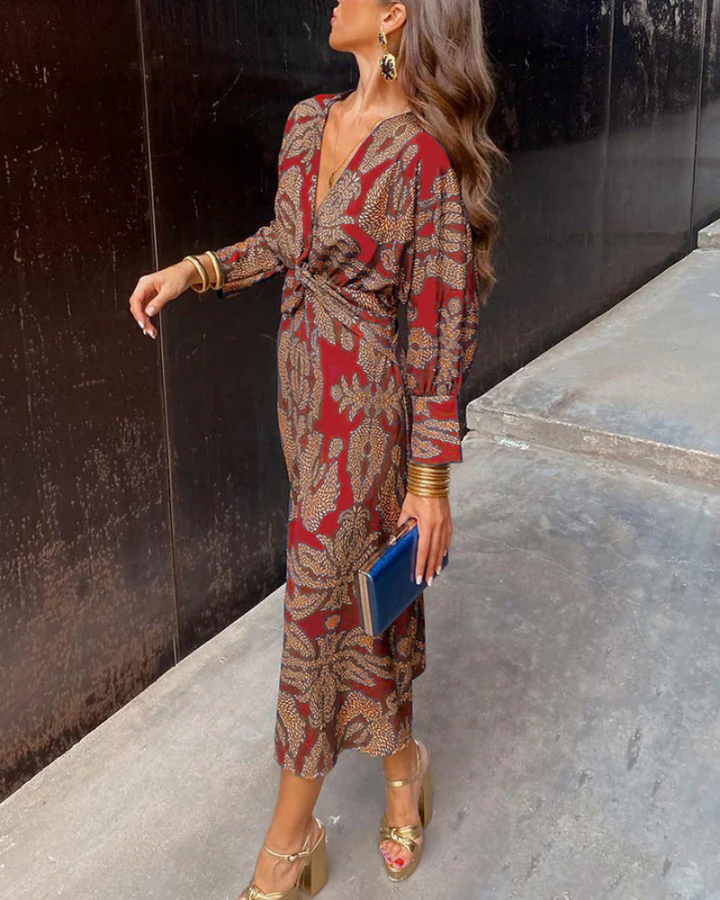 Women's long sleeve formal maxi dress, V-neck, belted design, ideal for special occasion and party wear.