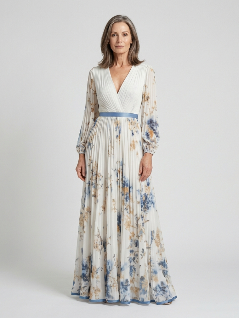 Women's long sleeve V-neck floral maxi dress. Elegant, flowy, and comfortable for any occasion.