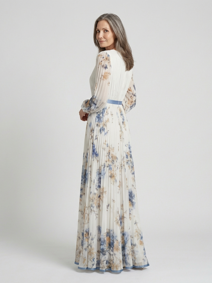 Versatile women's floral long sleeve maxi dress with V-neck, ideal for spring, summer, or elegant events.
