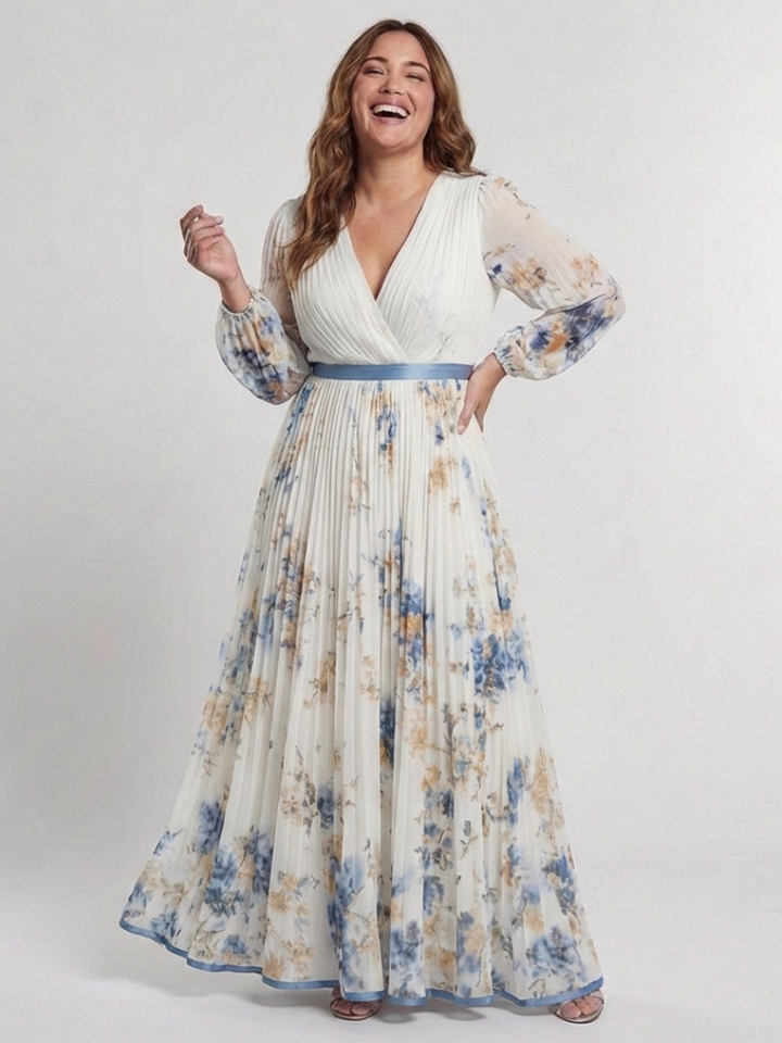 Flowy women's long sleeve floral print maxi dress featuring a flattering V-neck, great for spring/summer.