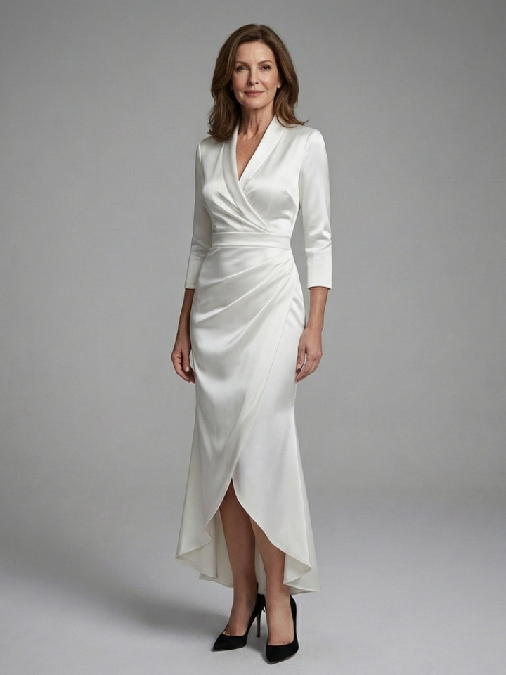 Women's long sleeve wrap midi dress with high-low hem. Elegant formal dress, perfect for evening wear & parties.