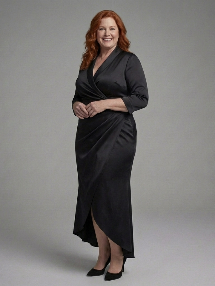 Detailed image of a women's long sleeve wrap midi dress, showcasing its versatile fabric and tailored fit.