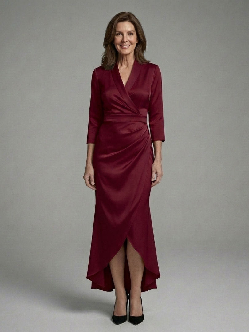 Women's long sleeve high-low midi dress in motion, showing the flowing wrap design and elegant party wear style.
