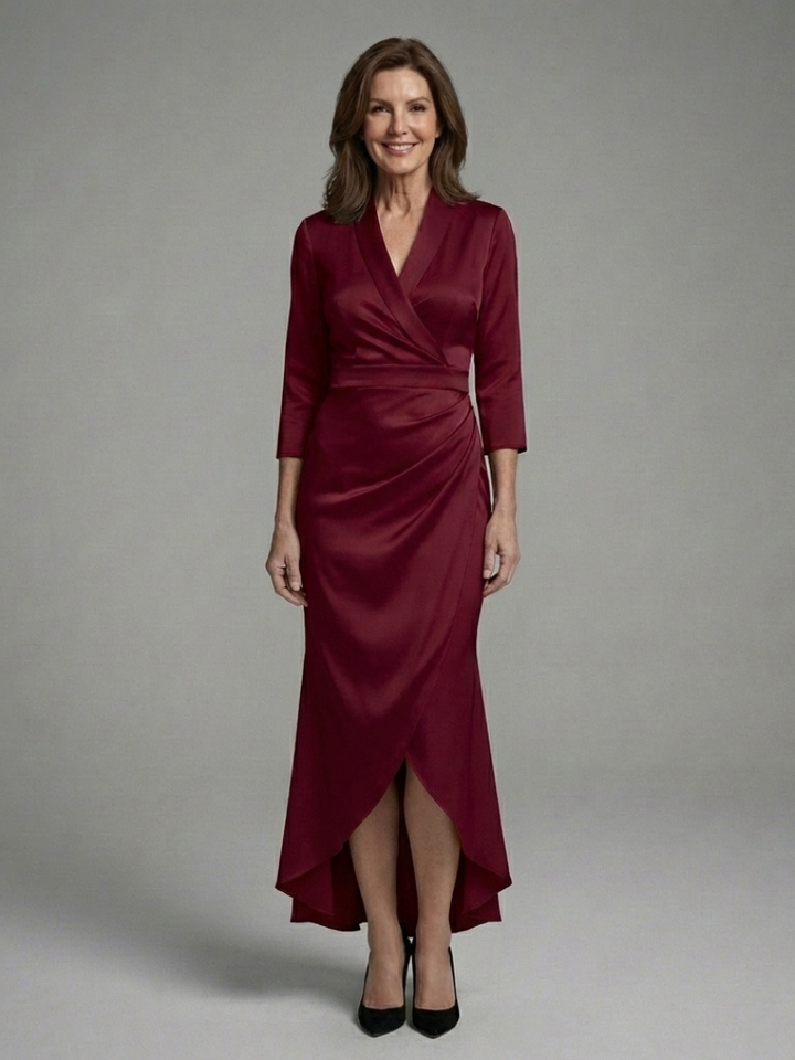 Women's long sleeve high-low midi dress in motion, showing the flowing wrap design and elegant party wear style.