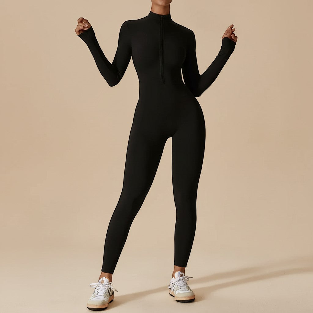 Women's long sleeve zip front sculpting jumpsuit, enhancing a sleek, contoured silhouette for modern fashion.