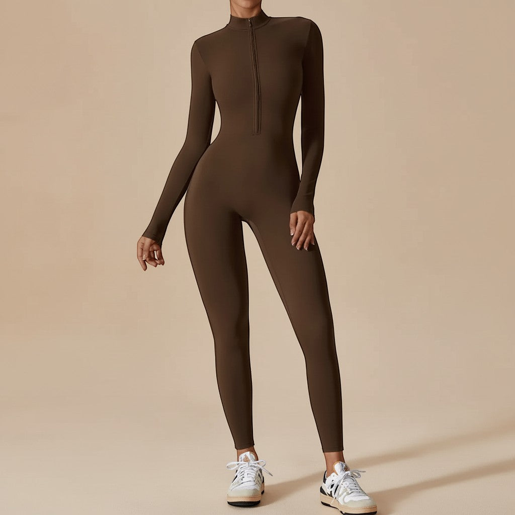 Form-fitting women's long sleeve sculpting jumpsuit, perfect for casual outings or a chic travel ensemble.