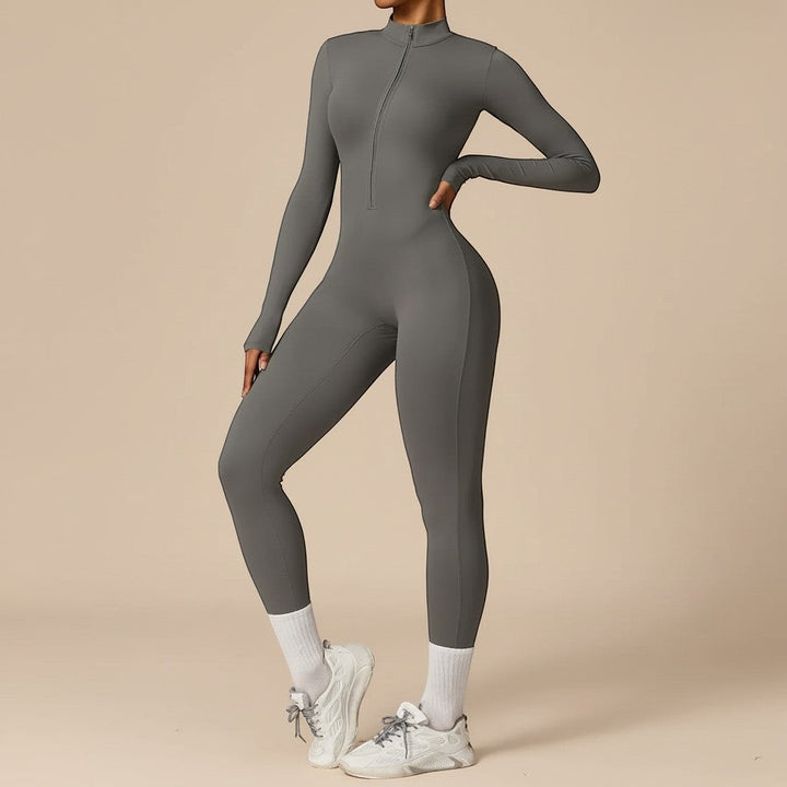 Smooth fabric women's long sleeve zip front jumpsuit, designed for a sleek, modern, and sculpted silhouette.