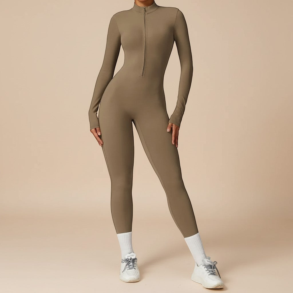 Full-length women's one-piece jumpsuit with a stylish zip front and long sleeves for a sleek, contoured look.