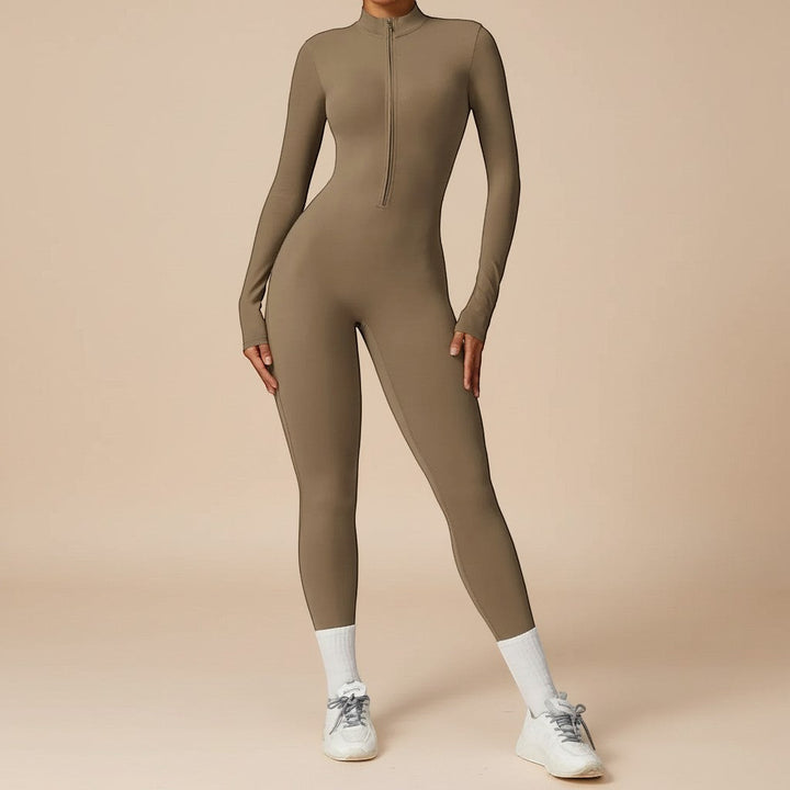 Full-length women's one-piece jumpsuit with a stylish zip front and long sleeves for a sleek, contoured look.