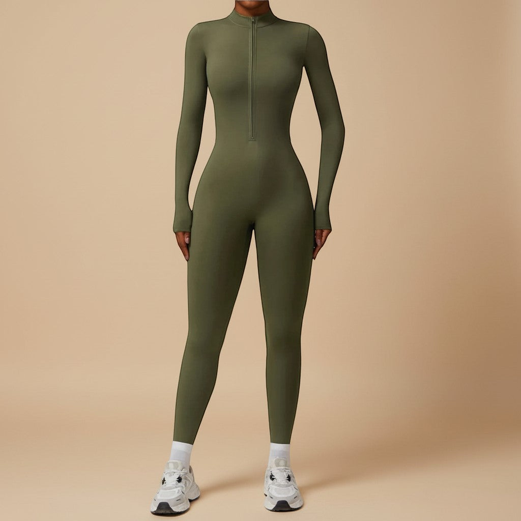 Comfortable long sleeve women's jumpsuit with front zipper, offering a sleek casual wear and travel option.