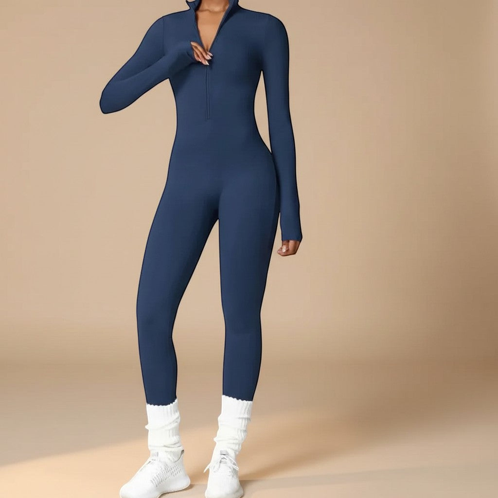 Versatile women's long sleeve zip front jumpsuit, ideal for comfortable travel style and easy casual wear.