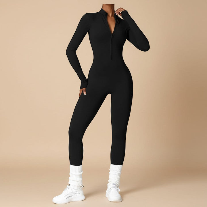 Full-length view of a women's long sleeve sculpting jumpsuit, showcasing its sleek and contoured design.