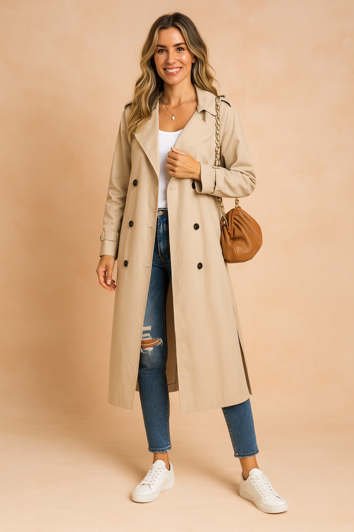 Women's long urban trench coat in classic double-breasted style.