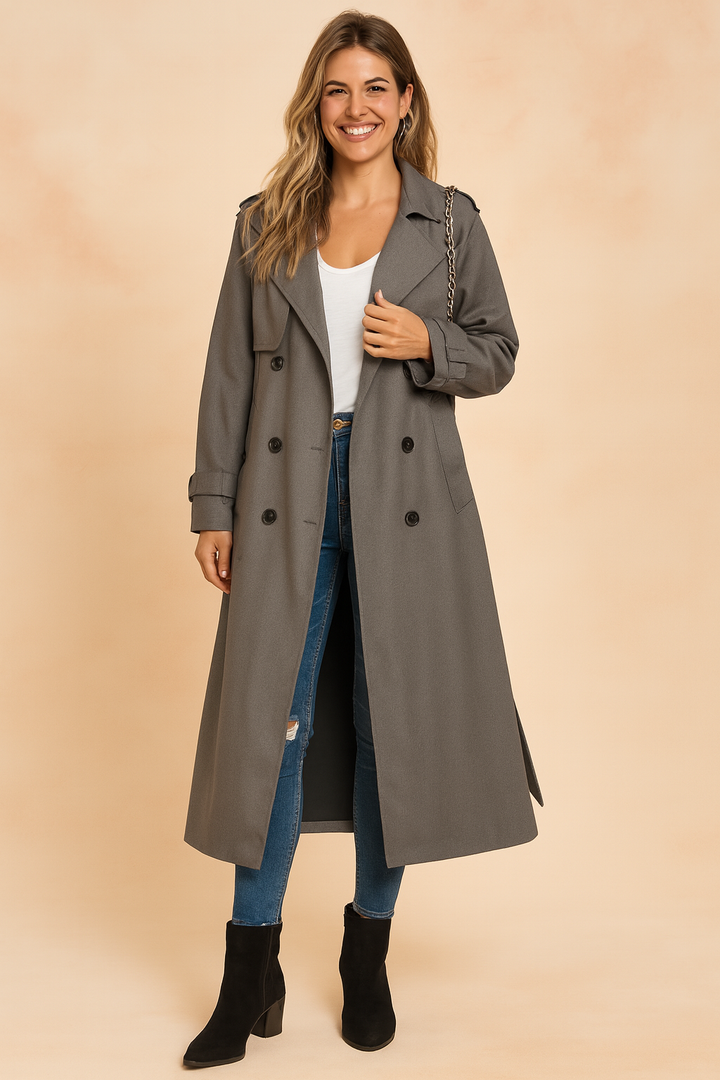 Classic long coat for women, offering timeless urban fashion.
