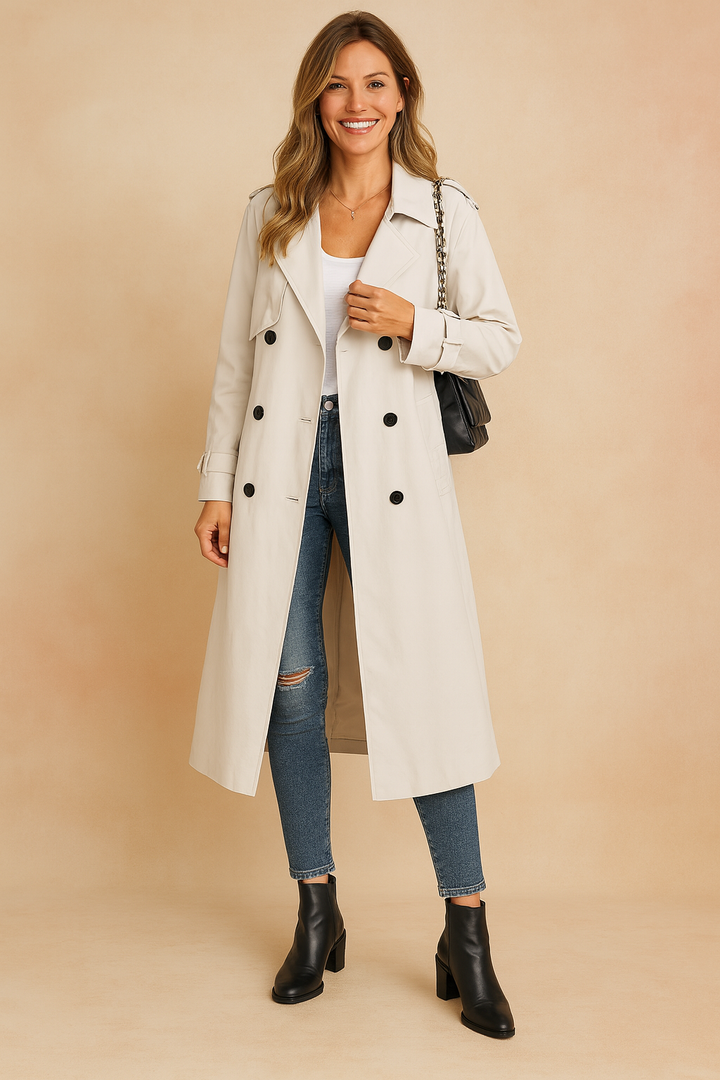A woman wearing a chic, long urban trench coat in a neutral color.