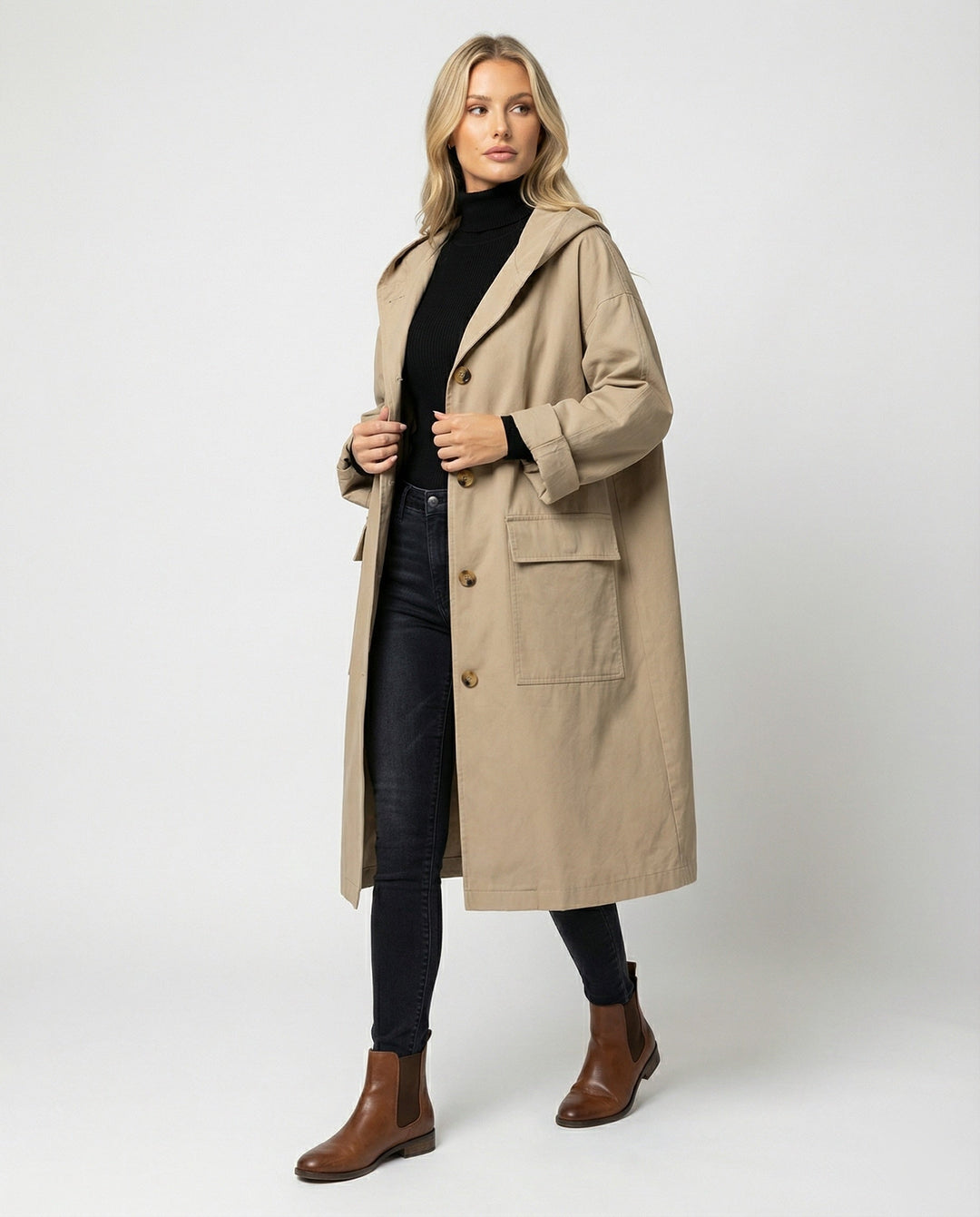 Women's long waterproof trench coat, stylish and windproof outerwear for fall and winter fashion.
