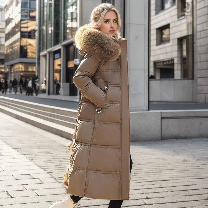 Elegant belted winter coat for women, perfect for cold weather.