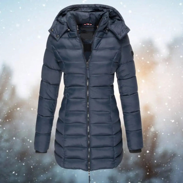Women's longline hooded quilted puffer jacket, warm winter coat with detachable hood for cold weather outerwear.