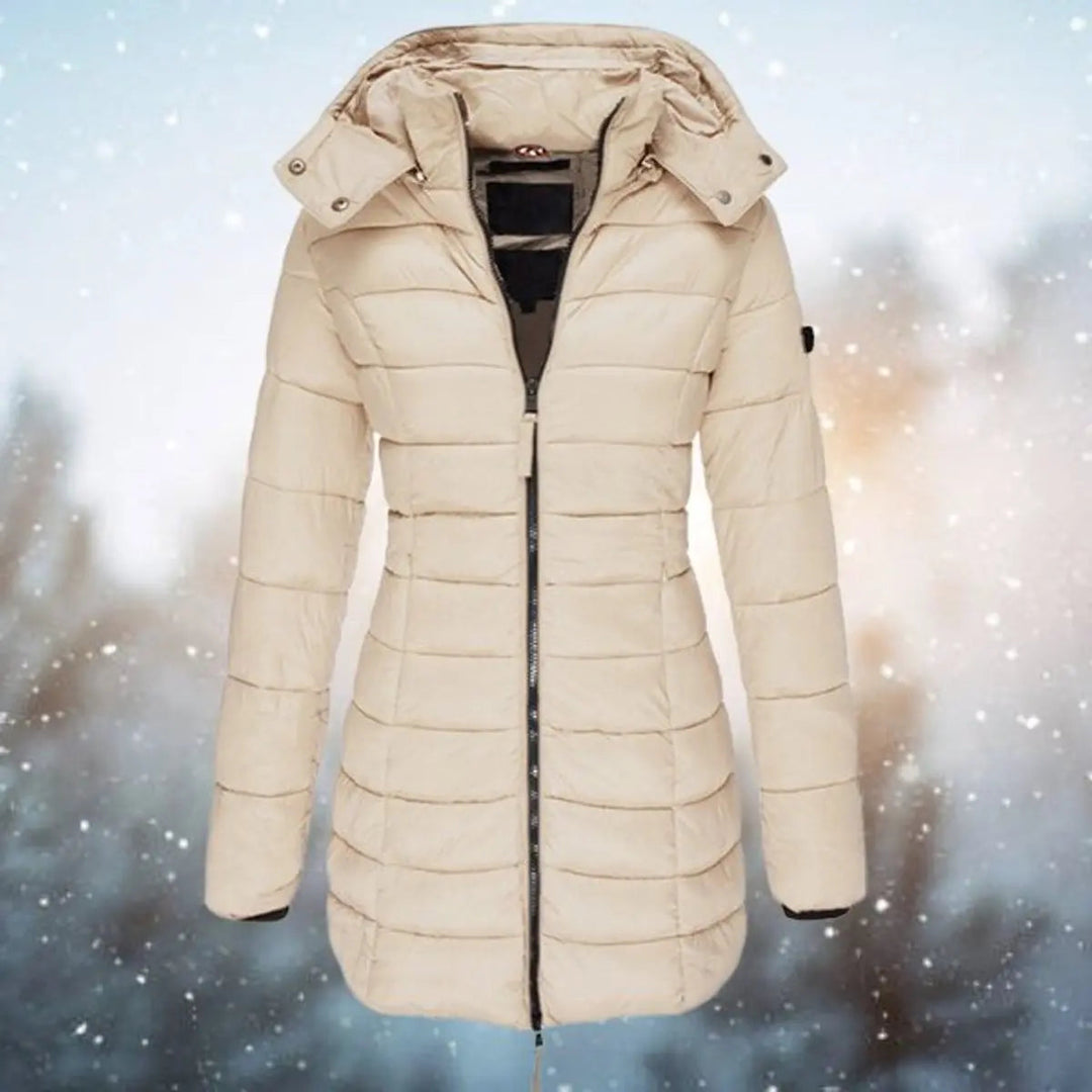 Zip-front women's longline hooded quilted puffer jacket, warm winter coat for ultimate cold weather protection.