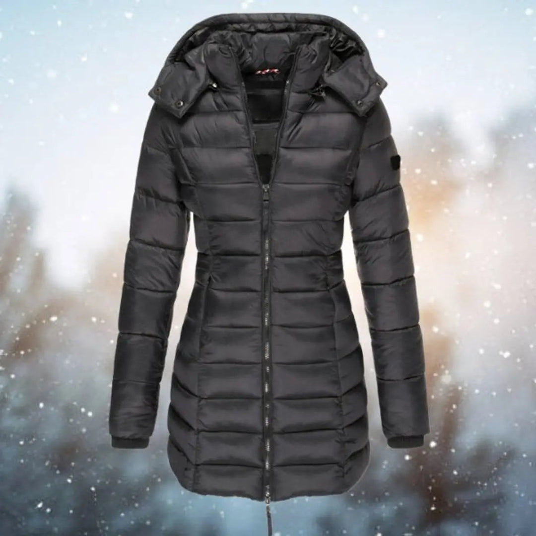 Women's longline quilted puffer jacket with detachable hood, practical and warm zip-up winter coat outerwear.