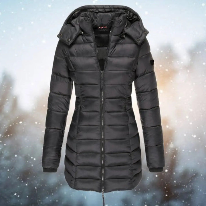 Women's longline quilted puffer jacket with detachable hood, practical and warm zip-up winter coat outerwear.