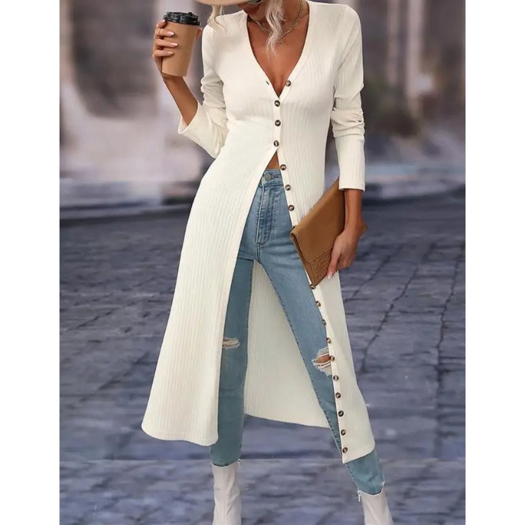Women's longline V-neck button jacket, casual everyday outerwear in elegant style.