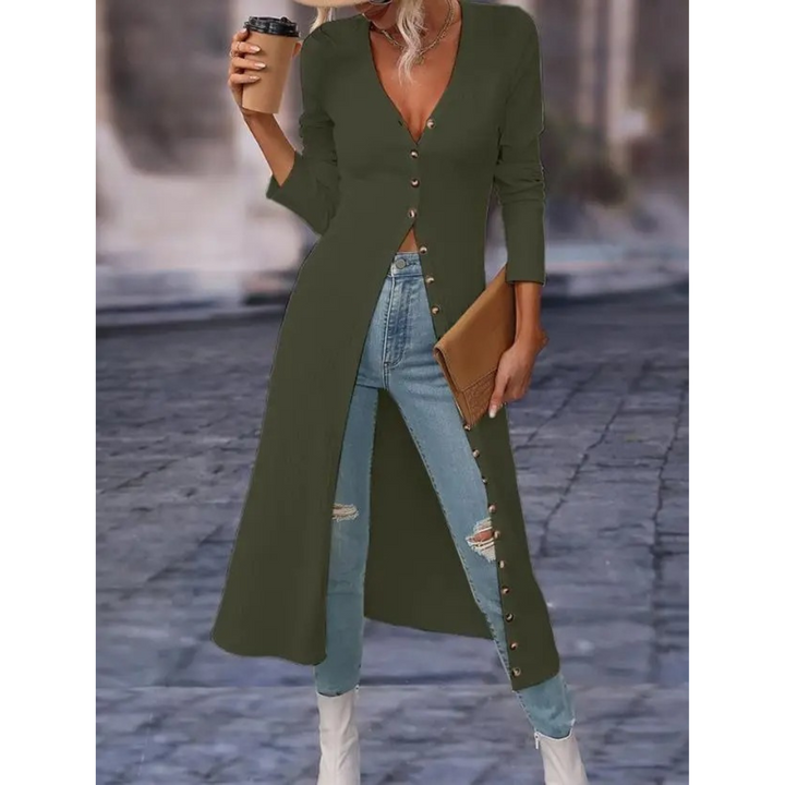 Elegant women's outerwear: a V-neck longline jacket perfect for daily outfits.