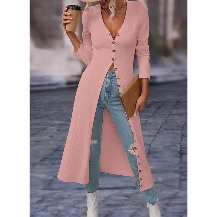 Chic women's longline V-neck jacket, a must-have piece for casual outerwear.
