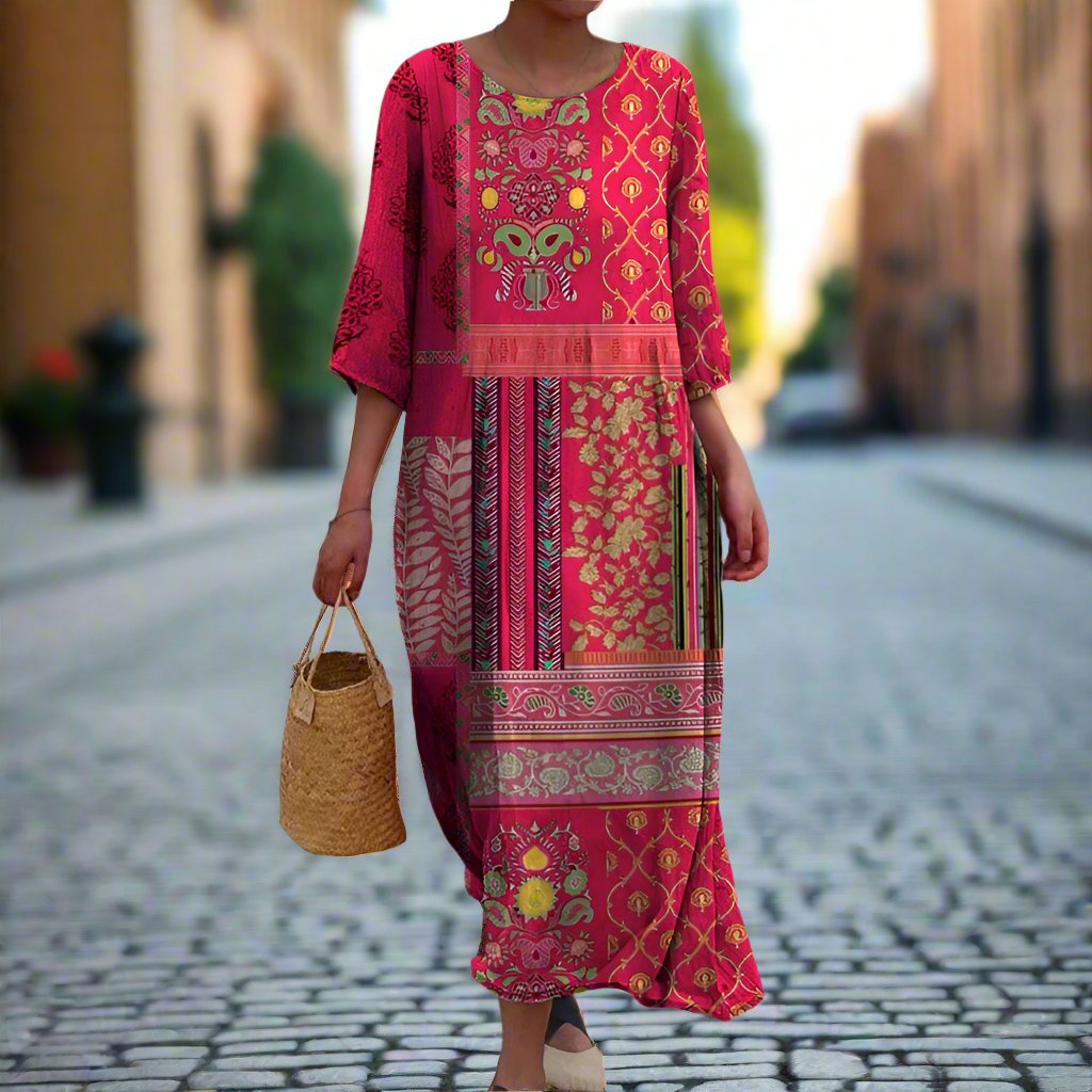 Elegant red boho maxi dress for women, featuring a loose fit, round neck, and flowy panel design for summer.
