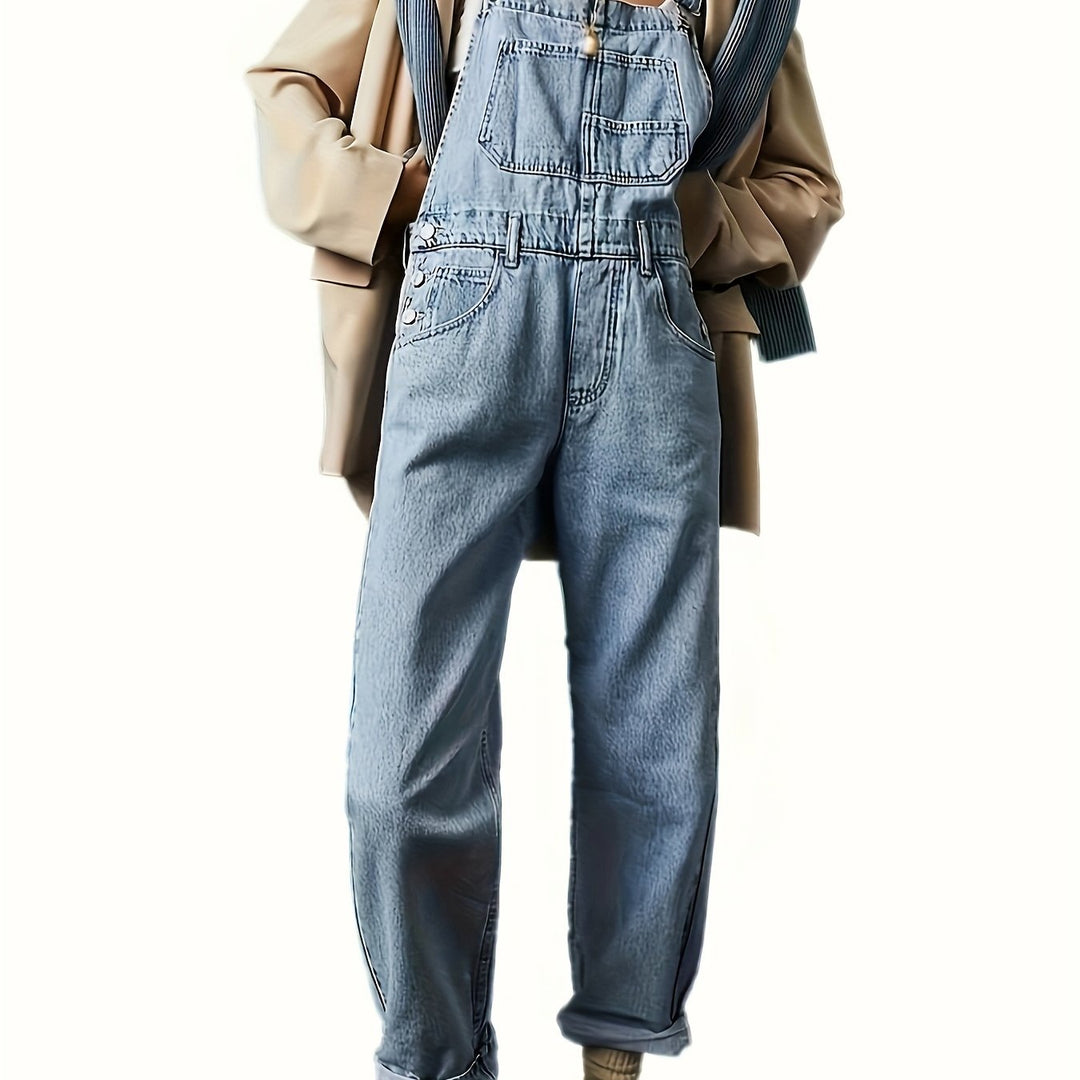 Comfort wear women's loose fit denim overall. Ladies casual dungarees with adjustable straps & versatile style.
