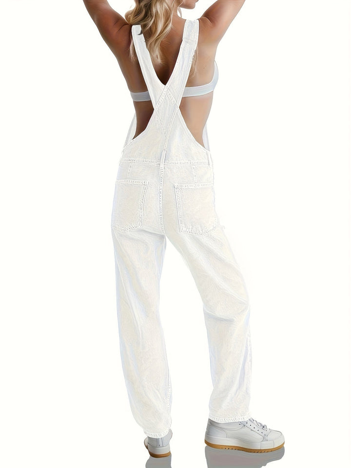 White women's denim dungarees, loose fit and comfortable. Stylish ladies overall for everyday casual wear.