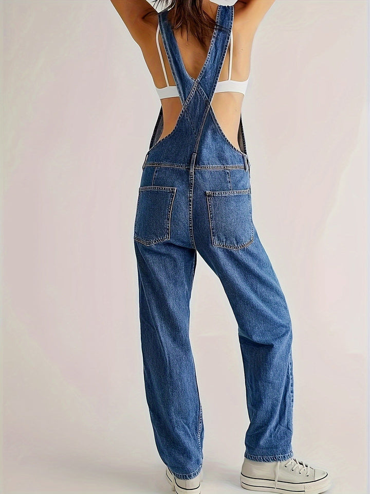 Everyday style women's loose fit denim dungarees. Comfortable ladies overall, perfect for casual fashion.