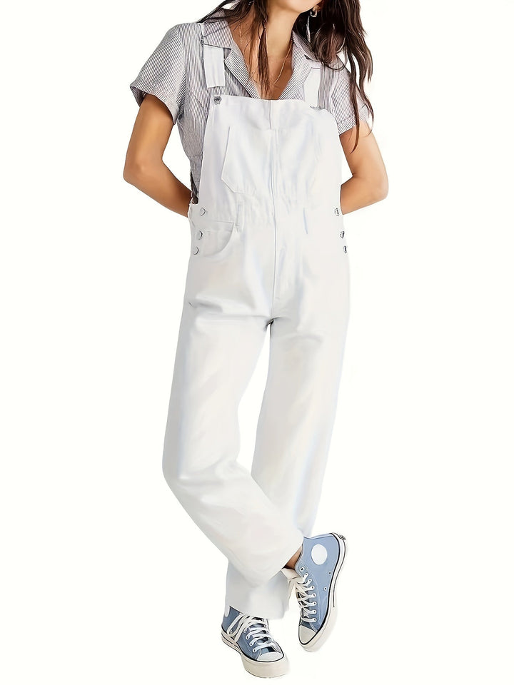 Black loose fit women's denim overall. Ladies dungarees for casual fashion & everyday comfort wear.