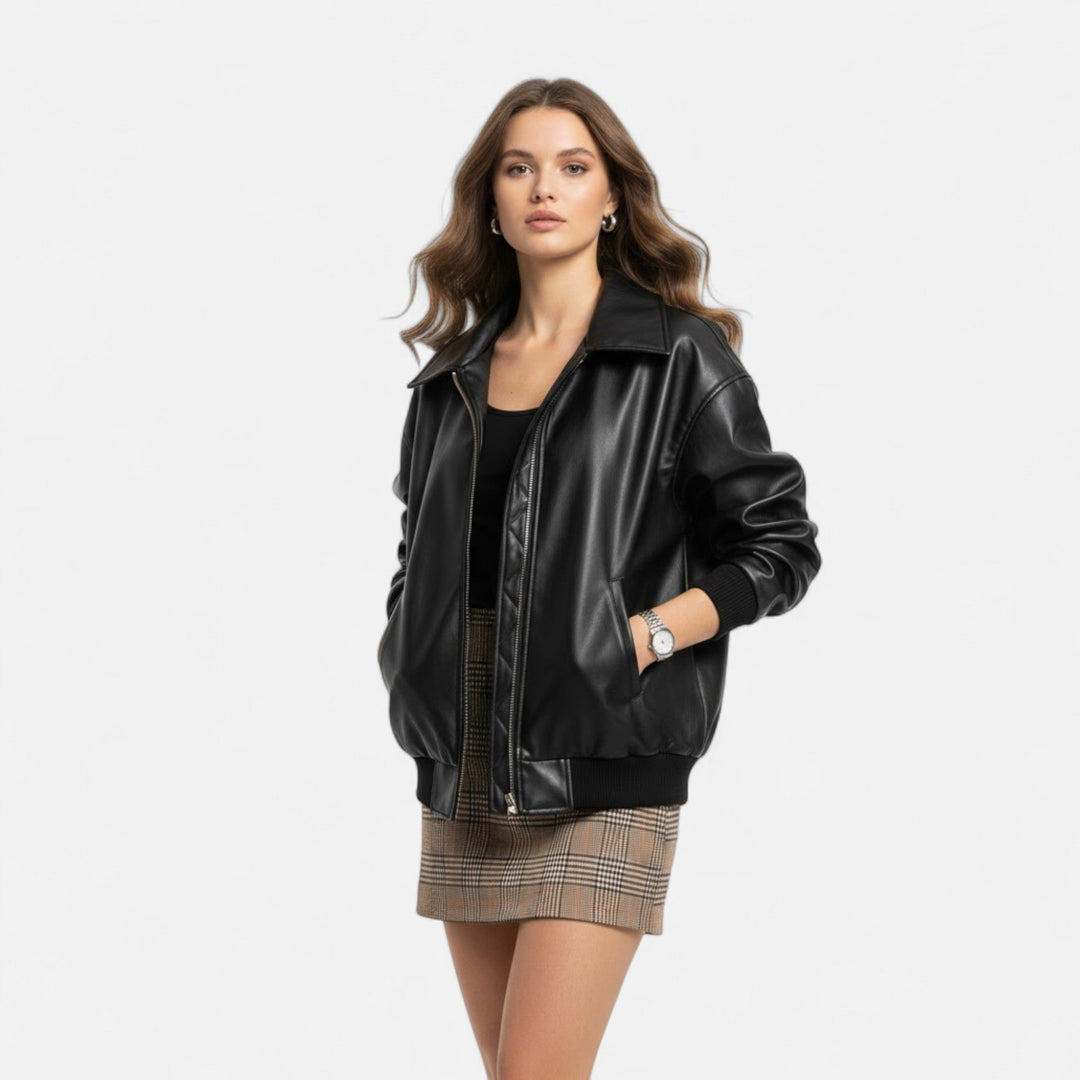 Stylish women's loose fit moto jacket, a versatile outerwear piece for spring and fall casual outfits.