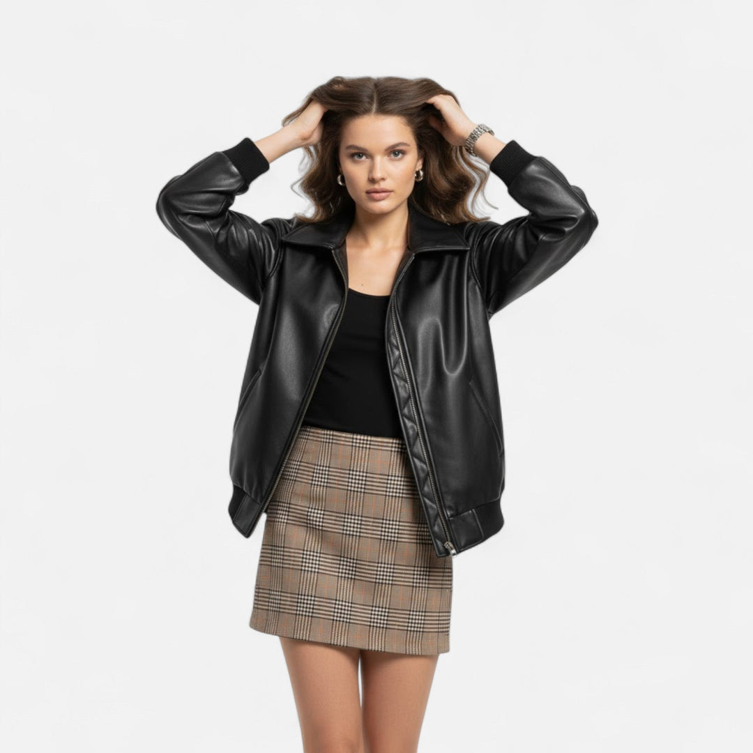 Modern women's loose fit moto jacket for an edgy biker look, ideal as a transitional or casual jacket.