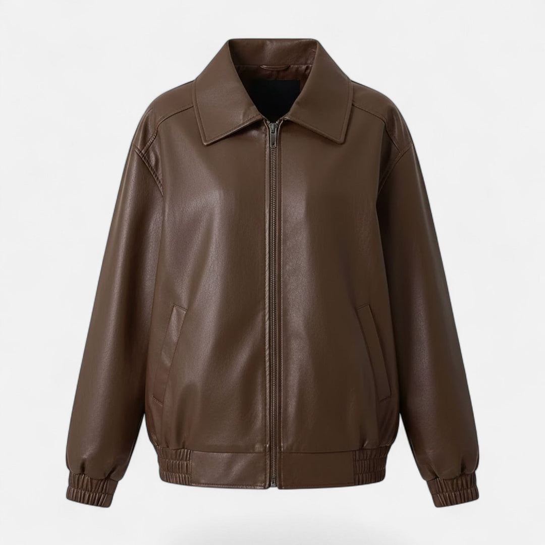 Chic women's loose fit moto jacket, offering comfortable style for everyday wear and a fashionable statement.