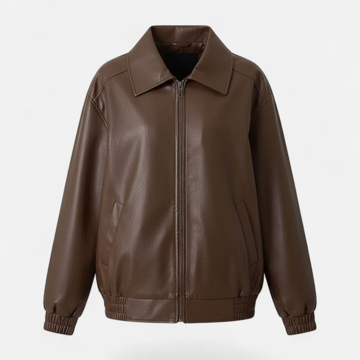 Chic women's loose fit moto jacket, offering comfortable style for everyday wear and a fashionable statement.