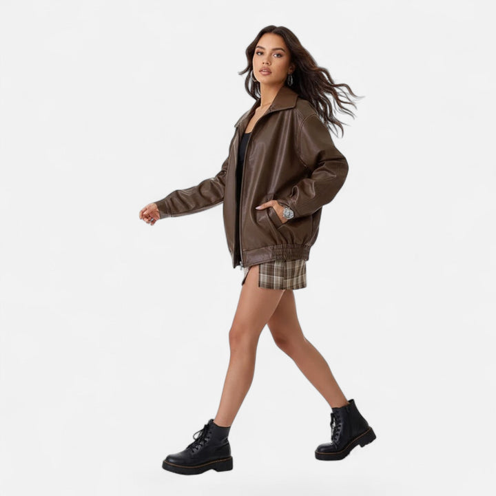Effortless women's loose fit moto jacket, a must-have for a cool biker aesthetic or spring jacket option.