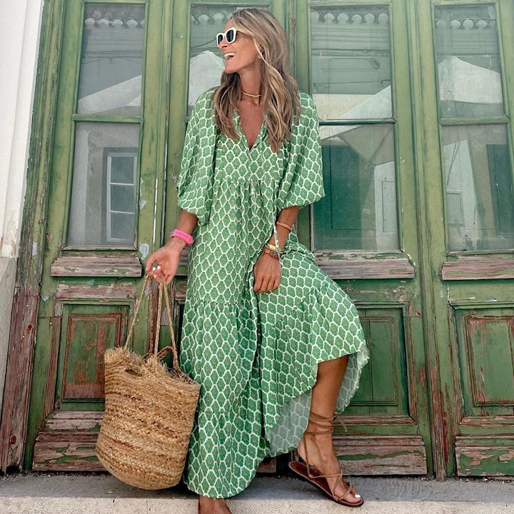 Women's loose fit printed ruffled midi dress, perfect for comfortable casual summer wear.