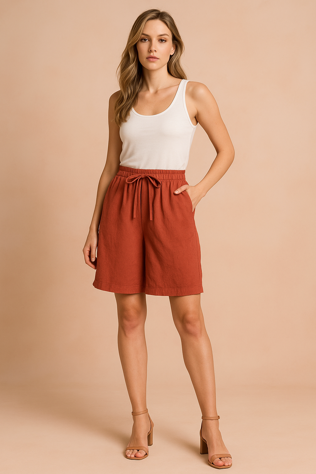 Relaxed women's summer apparel: comfortable tie waist shorts with a loose fit for effortless style.
