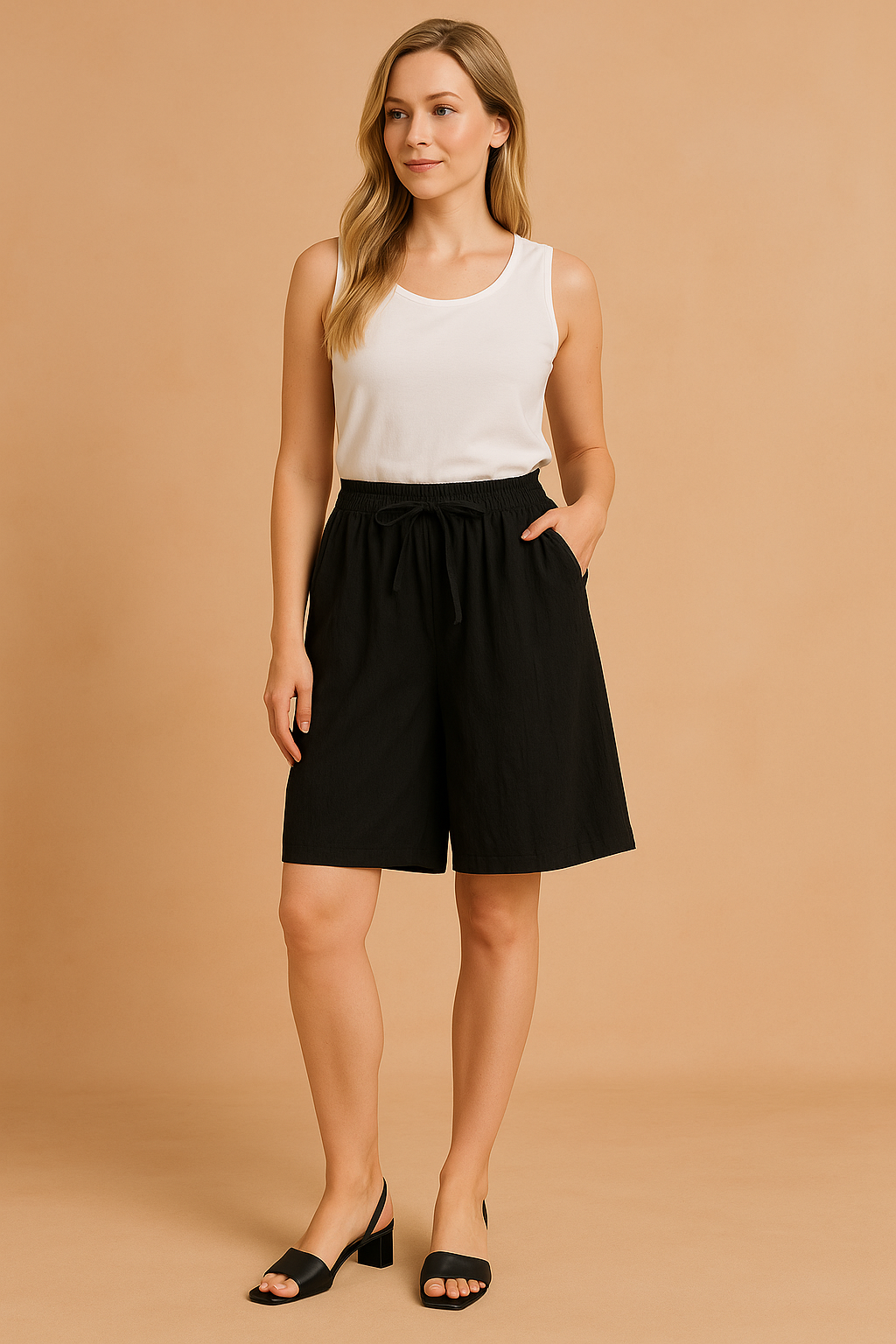 Fashionable women's shorts with a tie waist, offering a relaxed and comfortable fit for any casual occasion.
